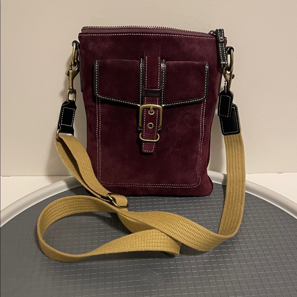 Coach Maroon Suede Messenger Bag with Beige Strap